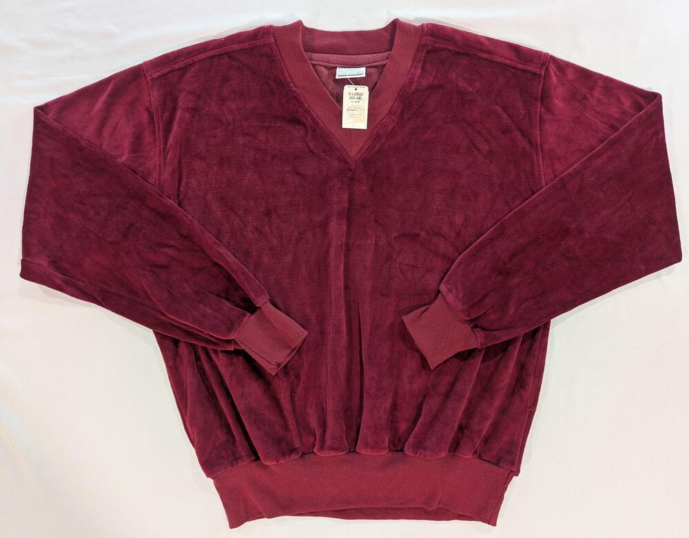 Vintage Montgomery Ward Sweater Mens XL Red V Neck Velvet Long Sleeve Pullover